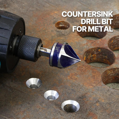 Pro Grade Countersink Drill Bit Set 1/4 To 3/4 Inch, 5-Piece HSS 5-Flute Chamfer Bits in use on metal surface with drill