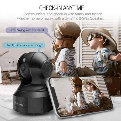 Indoor Wireless Security Camera 1080P With Alexa, Pan Tilt WiFi IP Dome displayed on phone screen with children in background