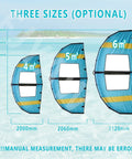 Three sizes of Handheld Foil Wing Kite 4M 5M 6M Sizes displayed on a beach background, showing dimensions for Inflatable Windsurfer Kite.