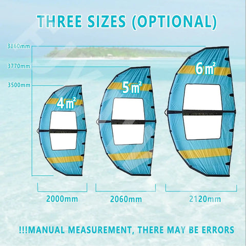 Inflatable Surf Wing 4 5 6 Sqm Handheld Windsurf Sail in three sizes with window for foiling and water sports.
