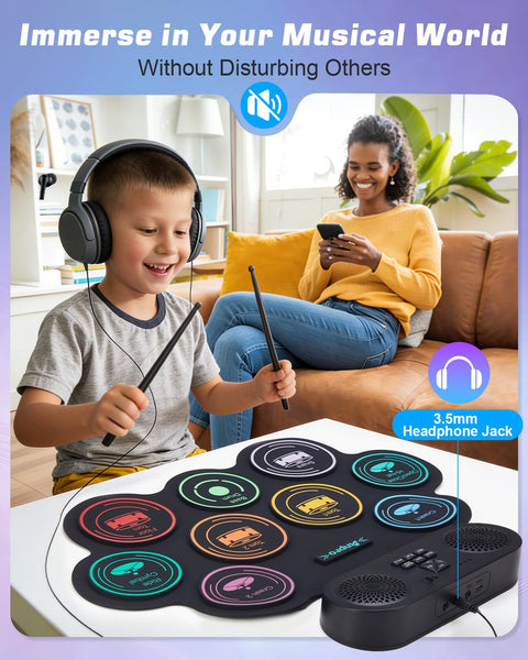 Child playing Portable Roll Up Electric Drum Kit With 9 Pads And Dual Stereo Speakers Bluetooth MIDI Practice Ready For Kids
