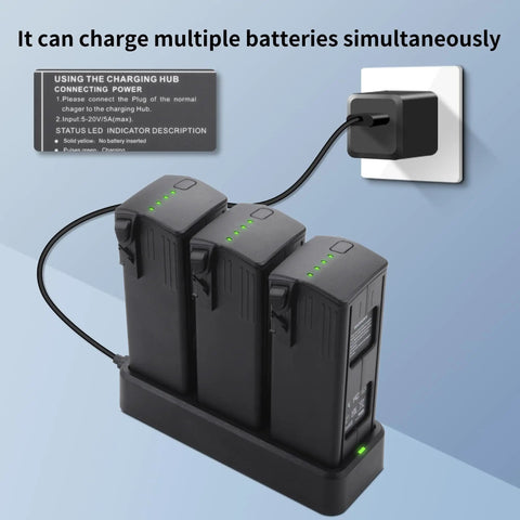 Three Pack Mavic 3 Replacement Battery Set With 3 Channel Fast Charger Hub For Mavic 3 Pro Cine Classic E And All 3 Series Drones 5000mAh 15.4V High Capacity Battery Kit With Plug And Play Convenience, showing 3-channel charger charging batteries