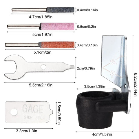 Chainsaw Sharpening Attachment Kit For Dremel And Rotary Tools With Universal Gardening Tool Attachment And Lawn Mower Sharpener, shown with three alumina stones, angle guide, wrench, gage, and measurements