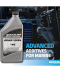 Hardcore High Performance SAE 90 Gear Lube bottle for Mercury Outboards and MerCruiser Sterndrives on workshop background