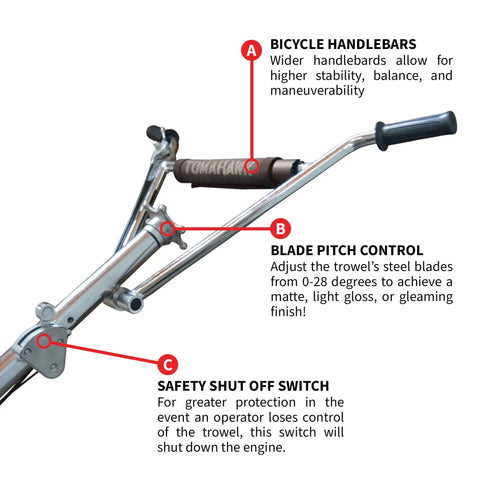 46-Inch Gas Concrete Wet Power Trowel With Kohler 14HP CH440 Engine, Includes Blades And Float Pan, Adjustable Blade Pitch 0-28 Degrees, Close-Wall Edge Work With Independent Flywheels, 3-Year Warranty, A Real Workhorse. bicycle-style handlebar and safety controls
