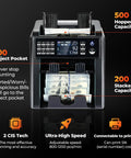 Munbyn Imc08 Dual Pocket Money Counter Machine Sorts Mixed Denomination Bills With Value Counting And Counterfeit Detection, front view with hopper and reject pockets.