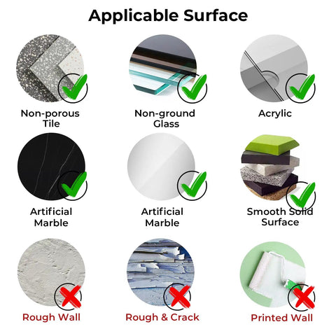 Applicable surfaces for Heavy Duty Shower Grab Bar With Mighty Suction including tile, glass, and solid surfaces.