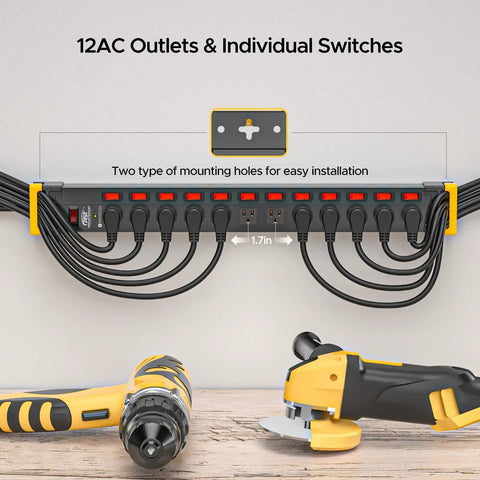 12 Outlet Metal Power Strip With Individual And Master Switches, wall mounted with tools, 9 foot cord, surge protection visible