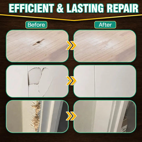 Before and after repair showing damaged wood and wall surfaces fixed with Super Tough White Wood Filler To Fill Cracks And Scratches Fast Easy Paintable Sandable Putty For Furniture Touch Ups With Mild Low Odor Formula That Spreads Like Butter And Sands Down Clean For A Real Nice Finish.