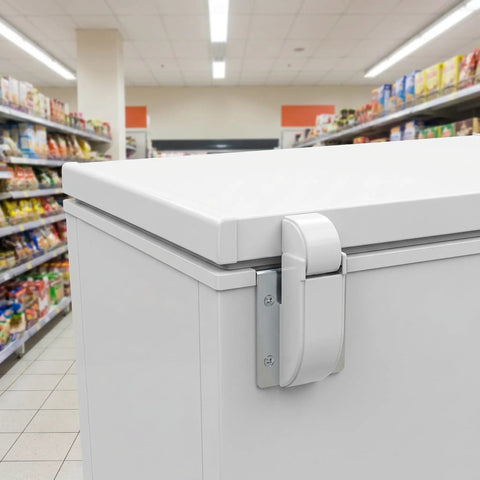 Heavy Duty Refrigerator Door Hinges With Spring 2 Pack, Universal fit shown on freezer in supermarket, white iron construction.