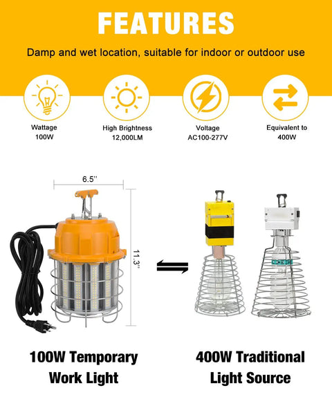 LED Temporary Work Light 100W With 12000 Lumens And 5000K Daylight Stainless Steel Guard Portable Hanging Work Lamp features