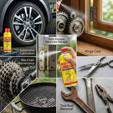Collage showing various uses of Two Pack 6.1 Ounce Anti Rust Lubricant And Rust Remover Spray for metal tools, vehicles, and hinges.
