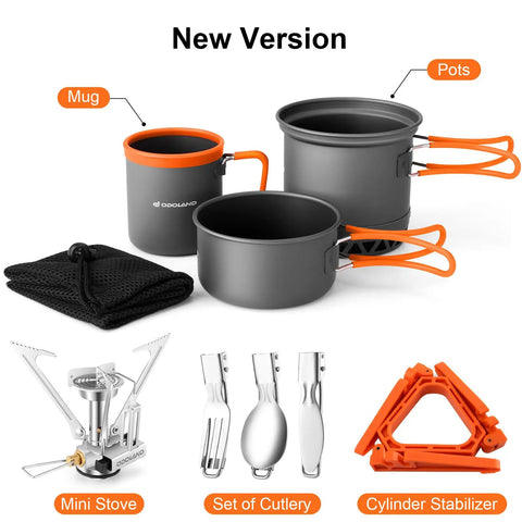 Backpacking Cooking Kit With 1300W Stove 0.6L And 0.8L Pots Canister Stabilizer Spoon Fork Knife 16oz Mug Mesh Carry Bag