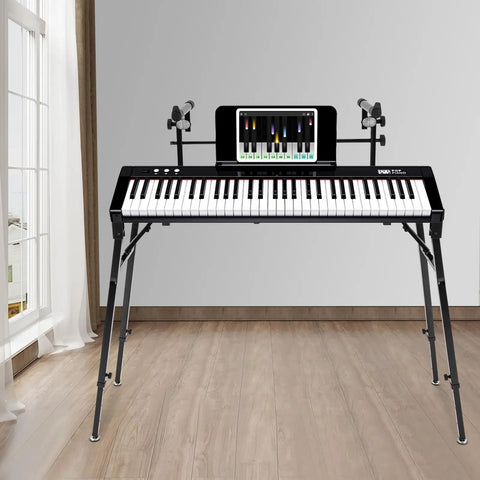 Portable Dual Laptop Stand With Adjustable Height And 2 Tier DJ Workstation Keyboard Holder Piano Rack Mount in a studio.