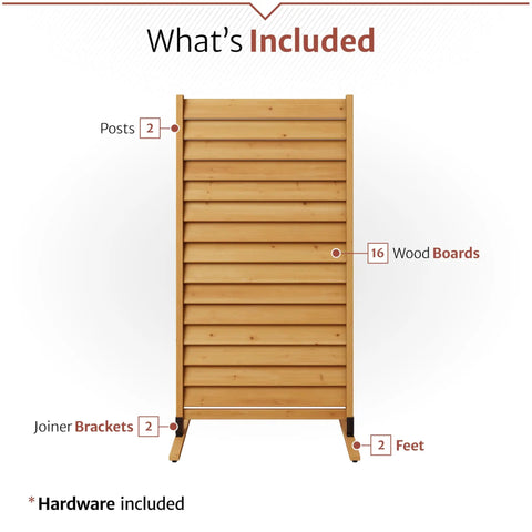 Natural Wood Privacy Screen Panel For Indoor And Outdoor Use Freestanding Or Surface Mount Real FSC Certified Wood with labeled parts