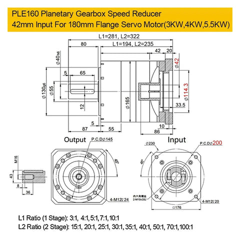 Top Shelf Planetary Gearbox Motor Reducer Featuring 42 Millimeter Input Shaft And 15 To 1 Ratio For Servo Motors PLE160 technical diagram with dimensions.
