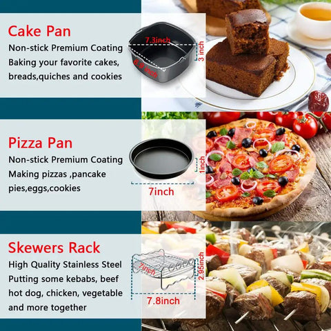 17 Piece Must Have Kickass Air Fryer Accessory Kit For 7 Inch Square Pans And Racks With Cake Pan Pizza Pan Skewers Holder