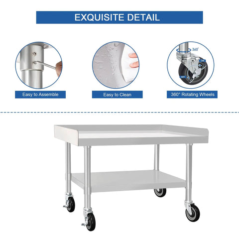 Stainless Steel Equipment Stand 30 By 36 Inches With Under Shelf And Casters for Commercial Kitchens shown with assembly, cleaning, and wheel details.
