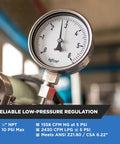 Silver natural gas regulator with round analog pressure gauge and metal inlet/outlet fittings.