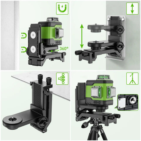 Self Leveling Laser Level With 3x360 Green Beams For Pro Grade Cross Line Three Plane Layout And Quick Horizontal And Vertical Alignment A Must Have For DIY And Construction Pros Includes Li Ion Battery And Portable Tool Bag shown in different mounting positions and angles