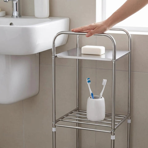 Heavy Duty Metal Storage Rack On Wheels Floor Standing Shelving Unit With Casters in a bathroom, holding soap and toothbrushes.