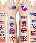 Fourth Of July Temporary Tattoos 90 Piece Set With Patriotic American Flag Fireworks Eagles Red White Blue Fake Tattoo Stickers For Independence Day Party Favors Memorial Day And Labor Day Celebrations displayed on arms.