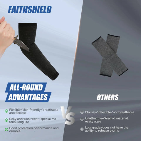 Heavy Duty Cut Resistant Arm Sleeves showcased with knife, highlighting seamless stitching and flexible material for protection.