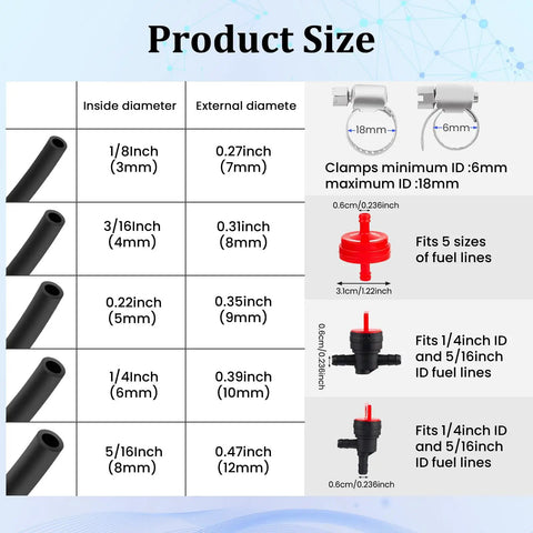 Image shows Universal Fuel Line Hose One Eighth To Five Sixteenths Inch Inner Diameter NBR Rubber Five Feet, various sizes and clamps.