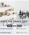 Comparison of tidy shelves with Hidden Floating Shelf Brackets Set 6 Pack 6 Inch Heavy Duty Black Metal L Brackets and messy area