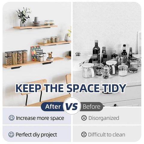 Before and after comparison showing disorganized kitchen counter vs. organized Six Pack 8 Inch Floating Shelf Brackets Set Beefy Black Metal L Supports