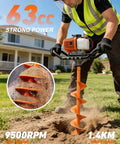 63cc Gas Powered Post Hole Digger Auger Drill With 8 Inch Drill Bits in use on lawn, lightweight 2 stroke engine visible