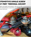 Close-up of automotive single screw bat-tery terminal socket with large connectors. Straight Up Solid 2 Pack Insulated Power Distribution Block With 5/16 Single Stud Battery Junction Adapter For Rig Ready Auto Boat Marine Electrical Wiring Zero Drama.