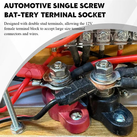 Close-up of automotive single screw bat-tery terminal socket with large connectors. Straight Up Solid 2 Pack Insulated Power Distribution Block With 5/16 Single Stud Battery Junction Adapter For Rig Ready Auto Boat Marine Electrical Wiring Zero Drama.