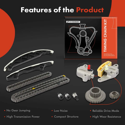 8-Piece Engine Timing Chain Kit with Sprocket, Tensioner, and Guide for Nissan Altima and Rogue DOHC 2.5L displayed with packaging