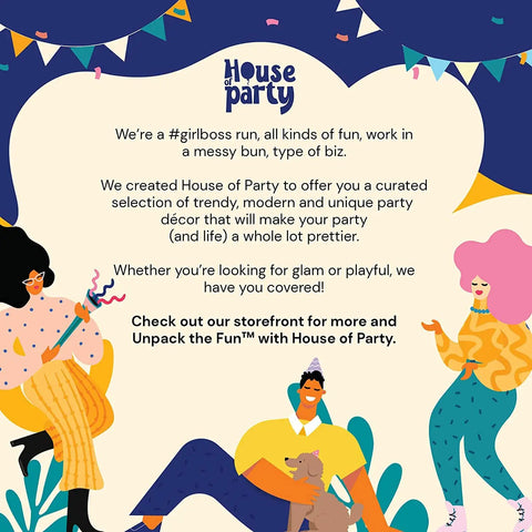 Colorful party-themed illustration with women, a dog, and bunting against a backdrop of playful text about House of Party.