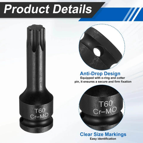 One Half Inch Drive Torx T60 Bit Socket For Impact Tools 6 Point Star Socket Chrome Molybdenum Steel With Cotter Pin And O Ring