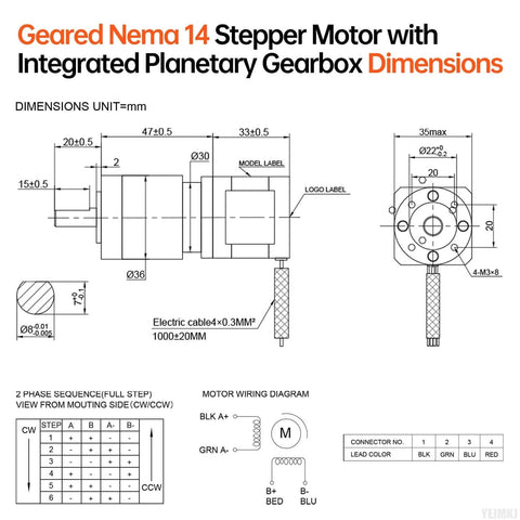 Dimensions of Geared Nema 14 Stepper Motor with Integrated Planetary Gearbox shown in technical drawing