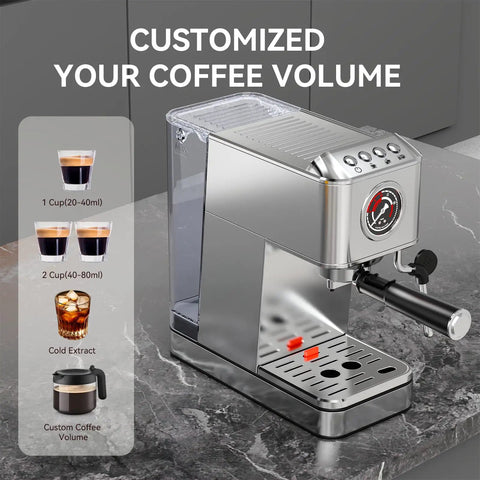 Slick Stainless Steel Espresso Machine Serving Hella Creamy Shots With 20 Bar Pressure And Automatic Milk Frother For Killer Cappuccinos Compact Home Brewer with customizable coffee volume options.