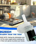 Open dishwasher with replacement water inlet valve for Bosch and Thermador OEM 10023852 visible in foreground.