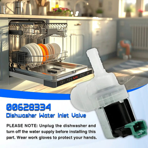 Open dishwasher with replacement water inlet valve for Bosch and Thermador OEM 10023852 visible in foreground.