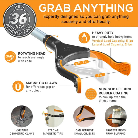 36-inch magnetic reacher with folding design featuring ergonomic grip and rotating head for easy access to hard-to-reach areas.