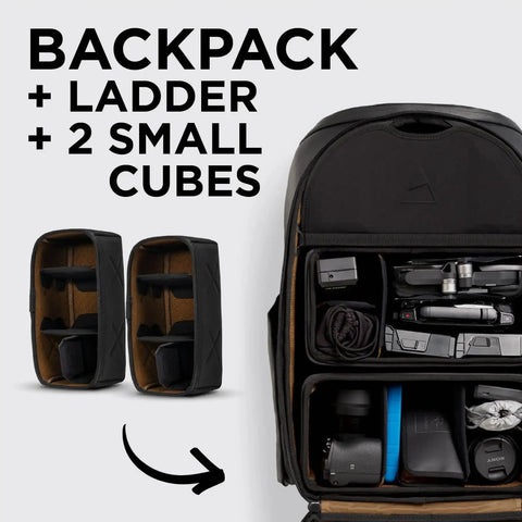 Camera Pack 25L With Ladder And Two Small Camera Cubes For DSLR Gear, showing backpack interior with camera storage compartments