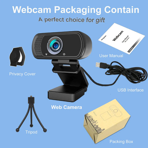 Kickass 1080P Full Hd Webcam With Built In Noise Reducing Microphone And Auto Light Correction For Dope Video Calls On Laptop Desktop Computer System Plug And Play Usb Interface with privacy cover and tripod.