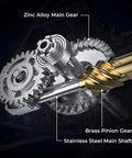Megatron Spinning Fishing Reel Size 5000 internal gears including zinc alloy main gear, brass pinion gear, and stainless steel shaft.
