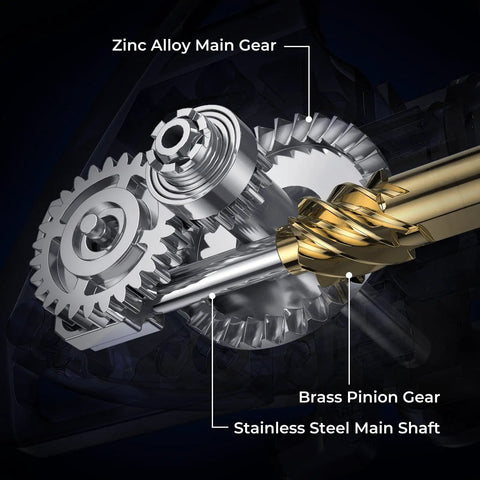 Megatron Spinning Fishing Reel Size 5000 internal gears including zinc alloy main gear, brass pinion gear, and stainless steel shaft.