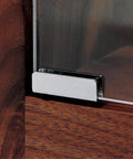 Close-up of Top Shelf Polished Chrome Glass Door Pivot Hinge Pair For Seamless Free Swinging Inset Doors fast install, holding glass firmly.