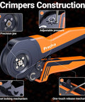 Top Tier Preciva Quadrilateral Ferrule Crimping Tool Kit With 1280pcs Wire Terminals And Ratchet Action For Automotive DIY Wiring Projects Perfect For Pros and Homeowners orange crimper with adjustable pressure