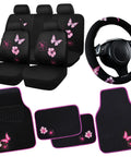 Universal Cloth Butterfly Car Seat Covers Full Set With Waterproof Floor Mats And Steering Wheel Cover Dope Flower Embroidered Design Black And Pink Interior Accessories Kit