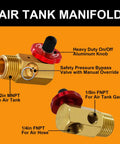 12 Piece Air Tank Repair Kit With Pressure Gauge And Hose Assembly, Aluminum Manifold, Valve Core Tool And Valve Cores features detailed manifold