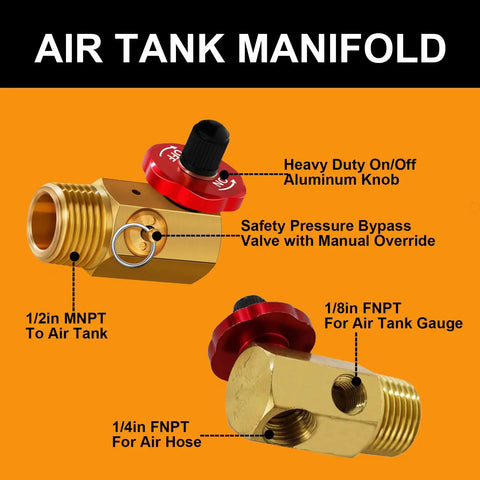12 Piece Air Tank Repair Kit With Pressure Gauge And Hose Assembly, Aluminum Manifold, Valve Core Tool And Valve Cores features detailed manifold